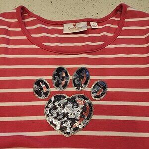 Quacker Factory Women's Size 1X Knit Top Pink White Stripe Sequini Paw Print